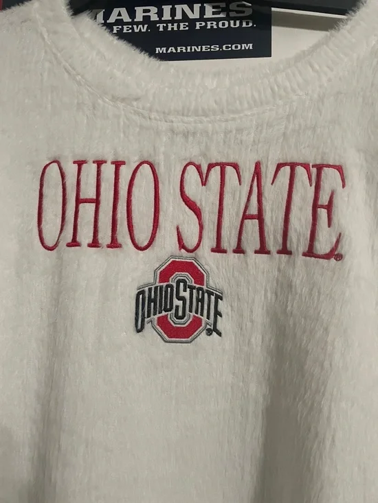Ohio State Women's White Fuzzy Crewneck Sweater with Embroidered Logo - Picture 2 of 5